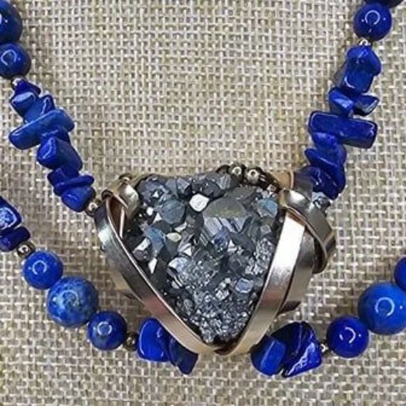 Lapis Lazuli, Sodalite Chip 2 Strand Necklace Large Druzy Pendant 18"L - Picture 2 of 7